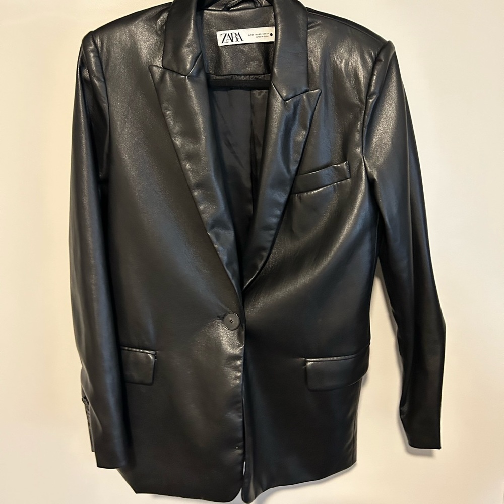 Zara leather oversized blazer jacket xs black